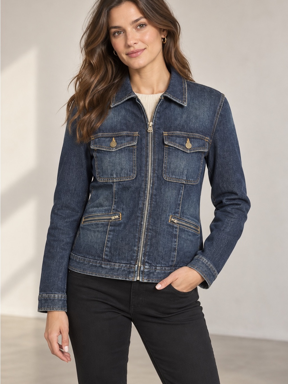 Lauren Jeans Co. Ralph Lauren Dark Wash Zip-Front Denim Jacket | Medium